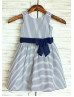 Cotton Ivory  Blue Stripes/Navy Bow Flower Girl Dress 